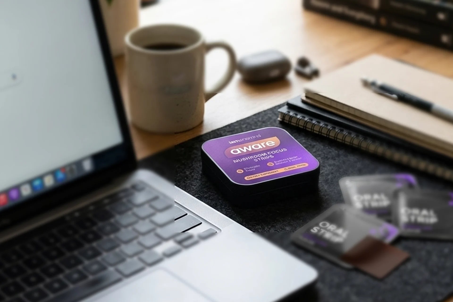A purple tin of IAMONEMIND Aware Mushroom Focus Strips rests on a desk with a laptop, notebooks, and individual strip packets.