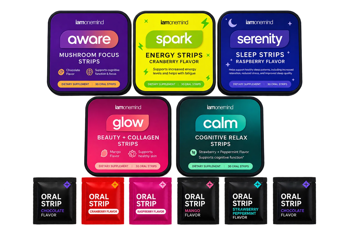 iamonemind oral strip supplement collection featuring Aware, Spark, Serenity, Glow, and Calm with individual flavored strip packets.