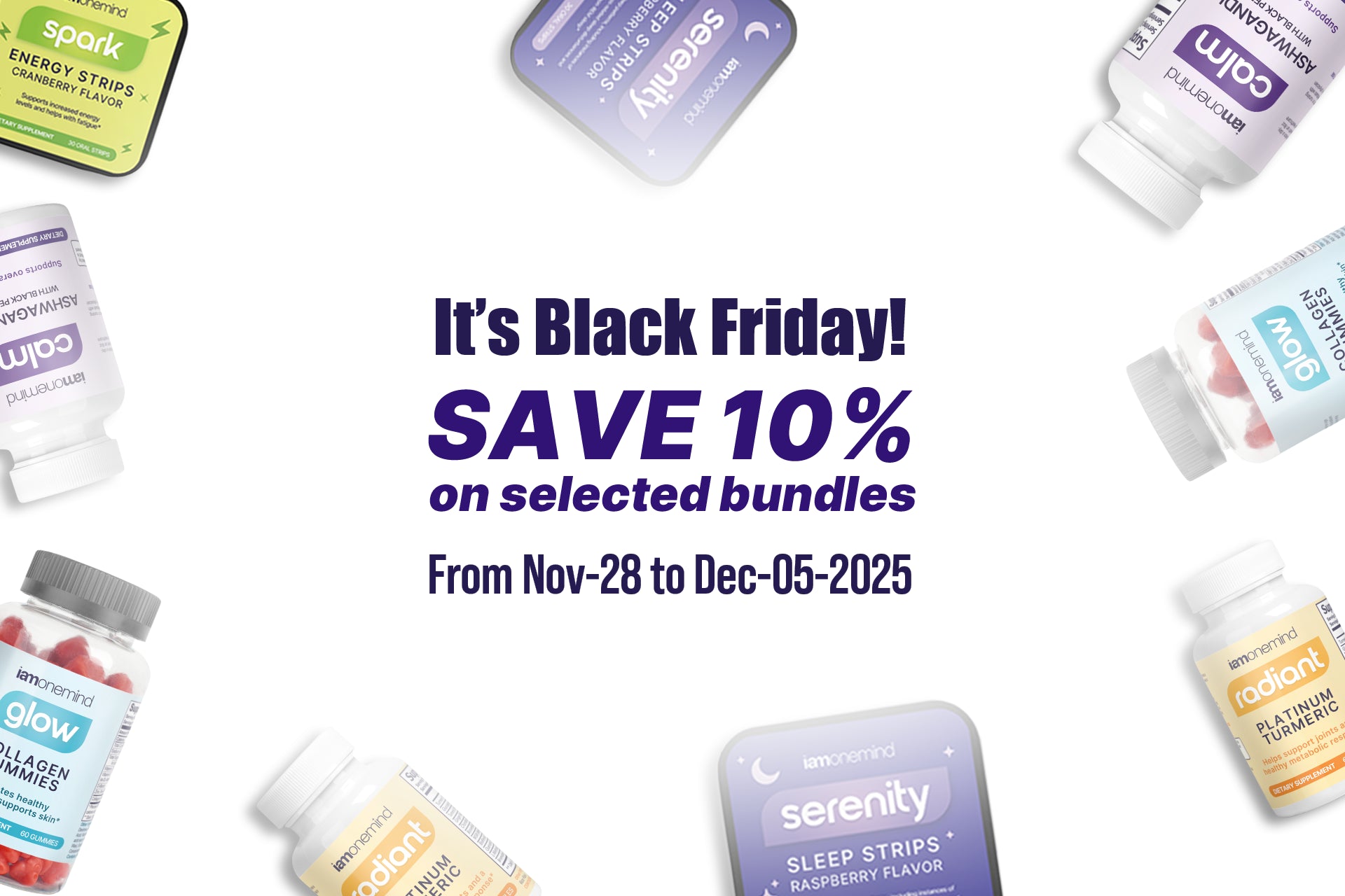 iamonemind product bundles highlighted in a Black Friday sale graphic with the message “Save 10% on selected bundles.